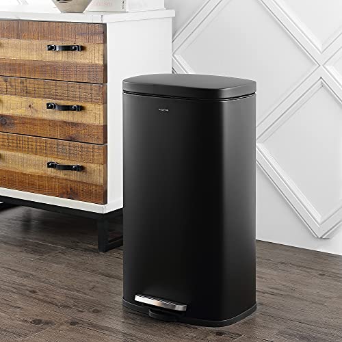 Image of happimess Curtis 8 Gal Step Trash Can Soft Close 25 inch, Charcoal Black | Stainless Steel, Fingerprint Resistant Satin Finish, Removable Liner, Steel Pedal, 20 Trash Bags Included, Kitchen Bin