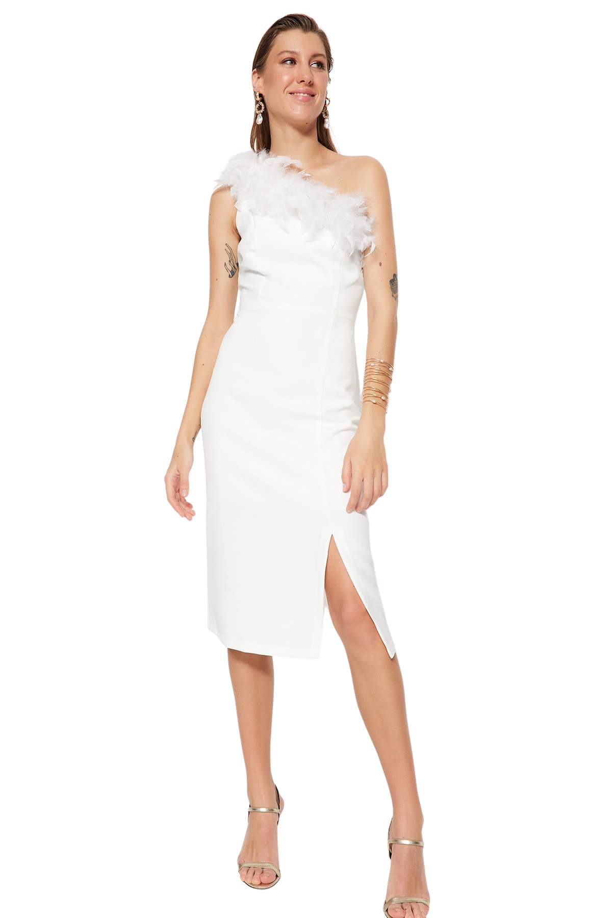 Trendyol Collection Damen Weiß Braut-Ecru-Kragen, Detailliertes Hochzeits-/Nikah-Elegantes Abendkleid Tprss21ae0121 Für - Größe 38
