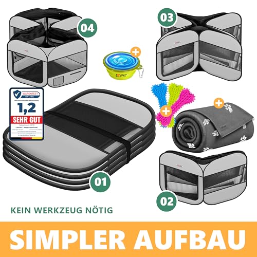 LOVPET® Welpenlaufstall Tierlaufstall Faltbar für Kleintiere Hunde, Katzen Inkl. Hundenapf und Fleece Decke Hundelaufstall Freigehege Oxfordgewebe Pop-up System Indoor & Outdoor, Hellgrau/Schwarz