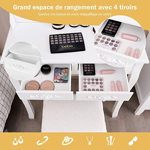 GOPLUS Coiffeuse Maquillage LED 3 Couleurs avec Miroir Amovible et Tabouret - Blanc