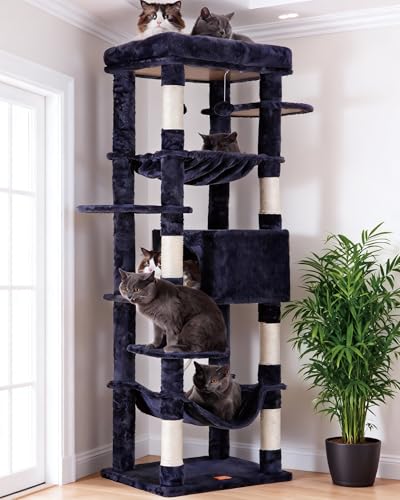 Image of Heybly Cat Tree for Large Cats 20 lbs, 69 inches Cat Tower HCT031G | Heavy Duty Cat Condo for Indoor Cats, Multi-Level Furniture with Big Padded Plush Perch, Cozy Basket, Smoky Gray