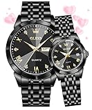 OLEVS Couple Watch Men and Women Watches His and Her Watch Set Analog Quartz Calendar Stainless Steel Waterproof Luminous Wrist Watch(All Black)