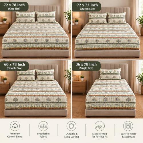 Image of 300TC Soft Touch Hypoallergenic Glace Cotton All Around Elastic Fitted Bedsheet for Single Bed Size 36 inchx 78 inch Inch with 1 King Size Pillow Cover - Cream Tree Print