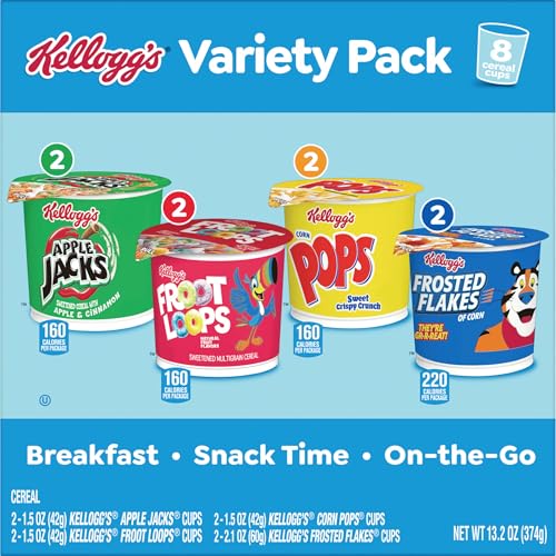 Kellogg's Frosted Flakes, Froot Loops, Apple Jacks, Corn Pops Breakfast Cereal, Variety Pack, 13.2 oz Box (8 Cups)