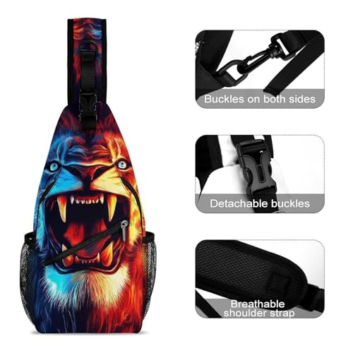 Men's Fashion Chest Bag, Travel Shoulder Pack, Small Cross Body Sling Bag Cool Lion Blue Red Fire Art3