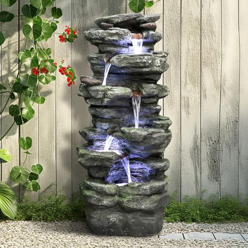 SunJet-40-High-6-Tiers-Cascading-Rock-Outdoor-Water-Fountain-with-LED-Lights-Large-Outdoor-Fountains-and-Waterfalls-for-Garden-or-Patio-Yard-and-Deck-Decor-Featuring-Natural-Stone-Look SunJet 40 High 6 Tiers Cascading Rock Outdoor Water Fountain with LED Lights Large Outdoor Fountains and Waterfalls for Garden or Patio Yard and Deck Decor Featuring Natural Stone Look