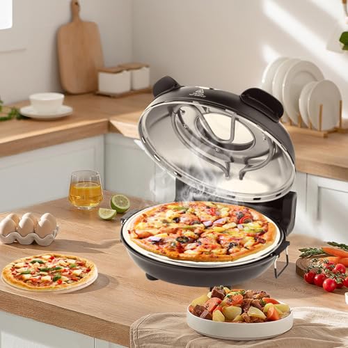 KLAIF 12\" Electric Countertop Pizza Oven With Ceramic Stone, Dual Adjustable Temperature Controls, Includes 4 Pizza Tools, LMR-Black