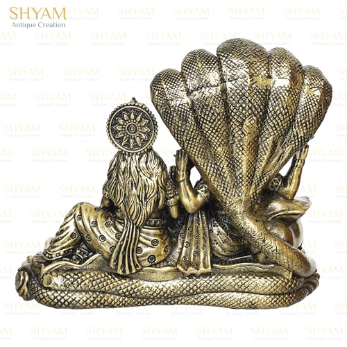 Image of 4 inch Brass Set of Lakshmi Vishnu Ji Sitting On Sheshnag Murti Maa Laxmi Vishnu Resting Idol Lakshmi Narayan Statue for Home Temple Diwali Puja