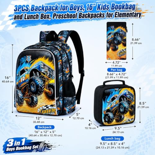Image of 16 inch Truck Backpack for Boy, 3Pcs Car School Backpacks with Lunch Box, Kids Bookbag for Elementary Preschool Kindergarten(Black)