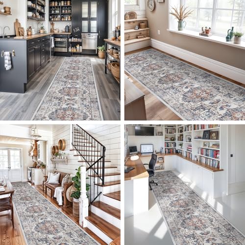 Hallway Washable Runner Rug - 3x20 Kitchen Rugs Entryway Rug Long Runner Vintage Soft Floor Mat Non Slip Indoor Farmhouse Carpet for Bathroom Living Room Bedroom (3 X 20, Brick)