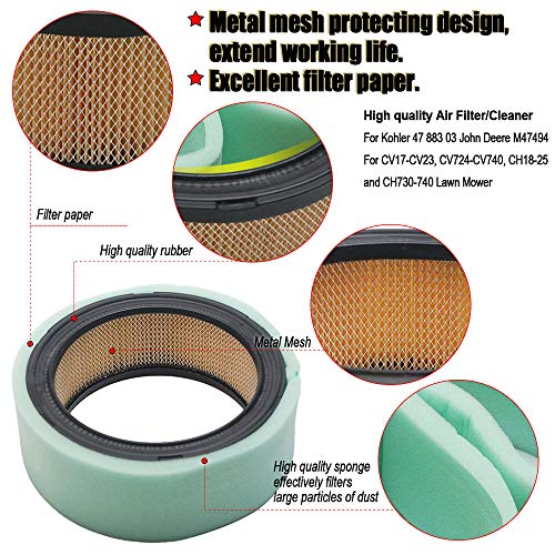 Hifrom Replace Air Filter Cleaner Replacement For Kohler 47 883 03 John Deere M47494 For Cv17-Cv23, Cv724-Cv740, Ch18-25 And Ch730-740 Lawn Mower #TOP4