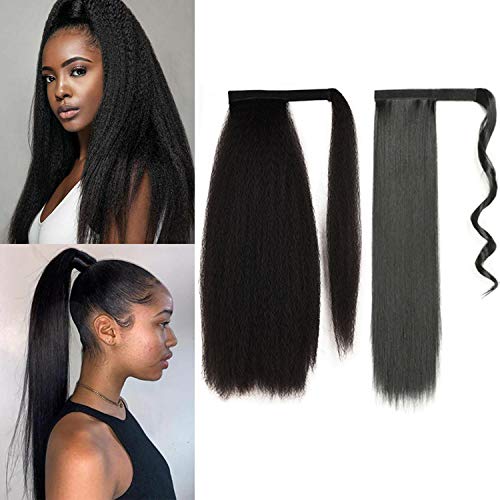 2 Pcs Long Straight Ponytail Extension and Yaki Ponytail Hair Extension Magic Paste Long Ponytail Extensions Synthetic Hairpiece Ponytail Hair Extensions for Women(24 Inch)
