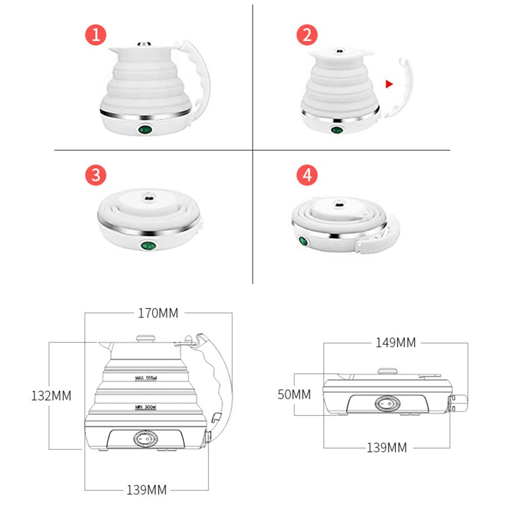 Bollitore elettrico pieghevole da viaggio,scaldabagno elettrico da campeggio 555ml in silicone per acqua calda,bollitore pieghevole a doppia tensione con fondo in acciaio inossidabile bianco 100-240V
