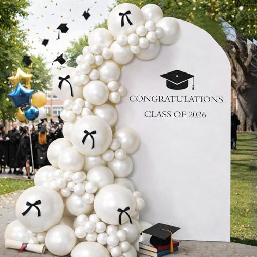 Lunmon 7.2 ft 2026 Graduation Decor Congratulation Class of 2026 Arch Cover Backdrop Kit with Black Bow Graduation Sticker Balloon Arch Kit for Grad Photo Party Decor College School(White)