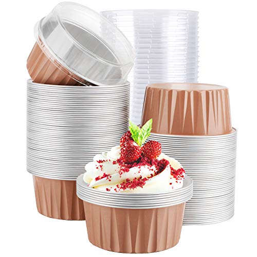 蓋付きカップケーキカップ 5オンス 100個 使い捨てデザートフラン 3.34インチ x 2.59インチ x 2.35インチ 125ml ベーキングカップ 蓋付き アルミホイルデザート カップケーキフラン ケータリングギャザリングシャワー記念品 アンバーブ