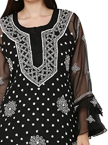 Image of FAWOMENT Women's Designer Georgette Straight Kurta with Hand Crafted Lucknowi Chikankari Embroiderey Emblemished Moti Work Along