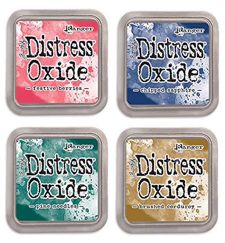 Tim Holtz Ranger Détresse Oxyde Ensemble de Cartouches d'encre M – Festive Baies, Puce Sapphire, Aiguilles de pin, et brossé en Velours côtelé pour Novembre 2018