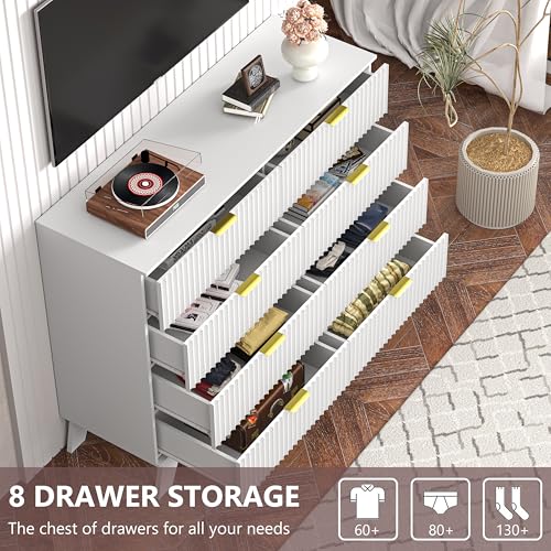 Image of White Dresser 8 Drawer Dresser for Bedroom, 47''Wide Fluted Wooden Dresser Storage Cabinet and Chest of Drawers with Metal Handle, Storage Organizer for Living Room, Hallway, Entryway