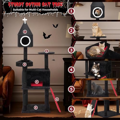 Árbol para gato gótico 64'' negro y rojo con cama ataúd miniatura 3