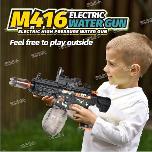 Image of VikriDA M416 Submachine Electric Automatic Water Gun with Sensor Light Silencer & Green Dot Scope | Free Extra Rechargeable Battery | 10m Range, 450CC Capacity | Multicolor