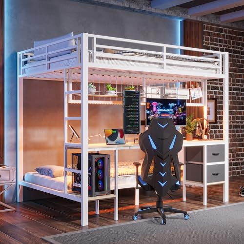 Huayz Cama alta con escritorio, 90 x 200 y 140 x 200 cm, litera con iluminación LED, conexiones USB, 2 cajones, estantes y estantes para colgar, estructura de cama de metal, sin colchón (blanco)