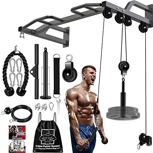 フィットネスLATプルダウンおよびリフトプーリーシステム ケーブル付きジムプルダウンマシントライセップスエクステンション 用アタッチメントワークアウトバイセップスカールバック前腕ショルダ (2.5mケーブル+2本ハンドル)