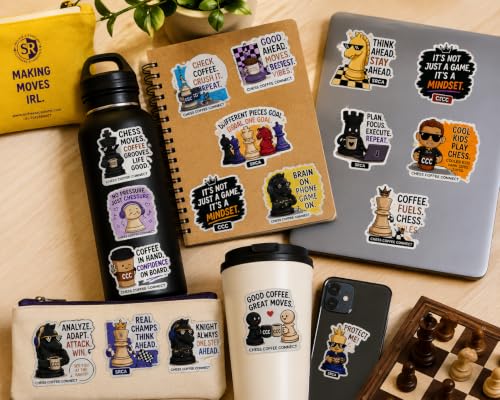 Image of SRCA Chess Coffee Connect Vinyl Sticker Pack, Chess Theme, 8 Unique Designs, Waterproof and Durable
