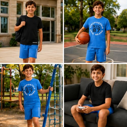 Image of AEROPOSTALE Boys Athletic Shorts Set 3 Piece Graphic T Shirts Fleece Shorts | Soft Breathable Jersey Tees, Elastic Waistband, Side Pockets, Screen-print Design, Durable Stitching for School & Play