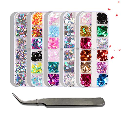 60 Types Of Holographic Hybrid Nail Sequins 3D Butterfly Nail Art Stickers For DIY Nail Decals Decoration And Nail Art Makeup With Tweezers(5 Boxes)