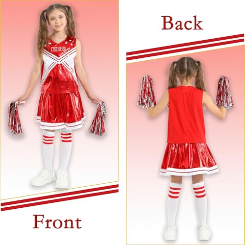 Wizland Girls Cheerleader Outfit with Pom Poms and Socks,Kids High School Musical Cheerleading Costume Fancy Dress for Halloween Carnival 6-8 yrs(Red) - Image 2