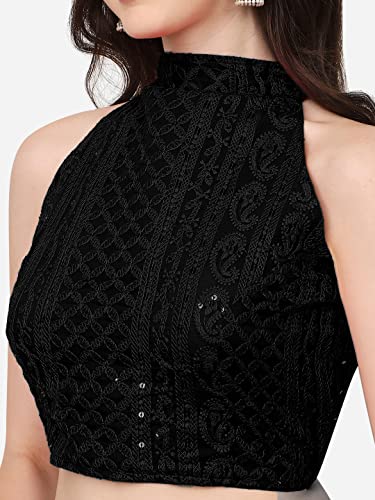 Image of Pujia Mills Women's Halter Neck Chickenkari Work Readymade Saree Blouse