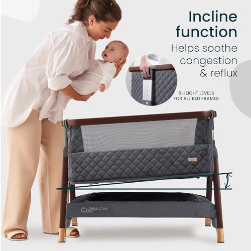 Image of Tutti Bambini CoZee Luxe Bedside Bassinet, Walnut /Slate | Portable Crib, Adjustable Crib for Newborns, Travel Case Included, 0-6 Months
