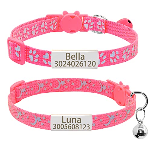 Personalized 2 Pack Reflective Cat Collar with Name Tag,Custom Moon Star Breakaway Cat Collars with Bell,Engraved 3 Lines Anti-Lost Nameplate Cat Collar (Pink,fit 8.0''-12.5'')
