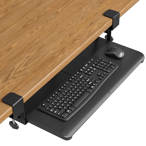 BONTEC KMT01 Under Desk Keyboard Tray, Pull-Out Keyboard & Mouse Platform with C-Clamp, 25.6 x 11.8 in Space-Saving Ergonomic Slide-Out Drawer, Black