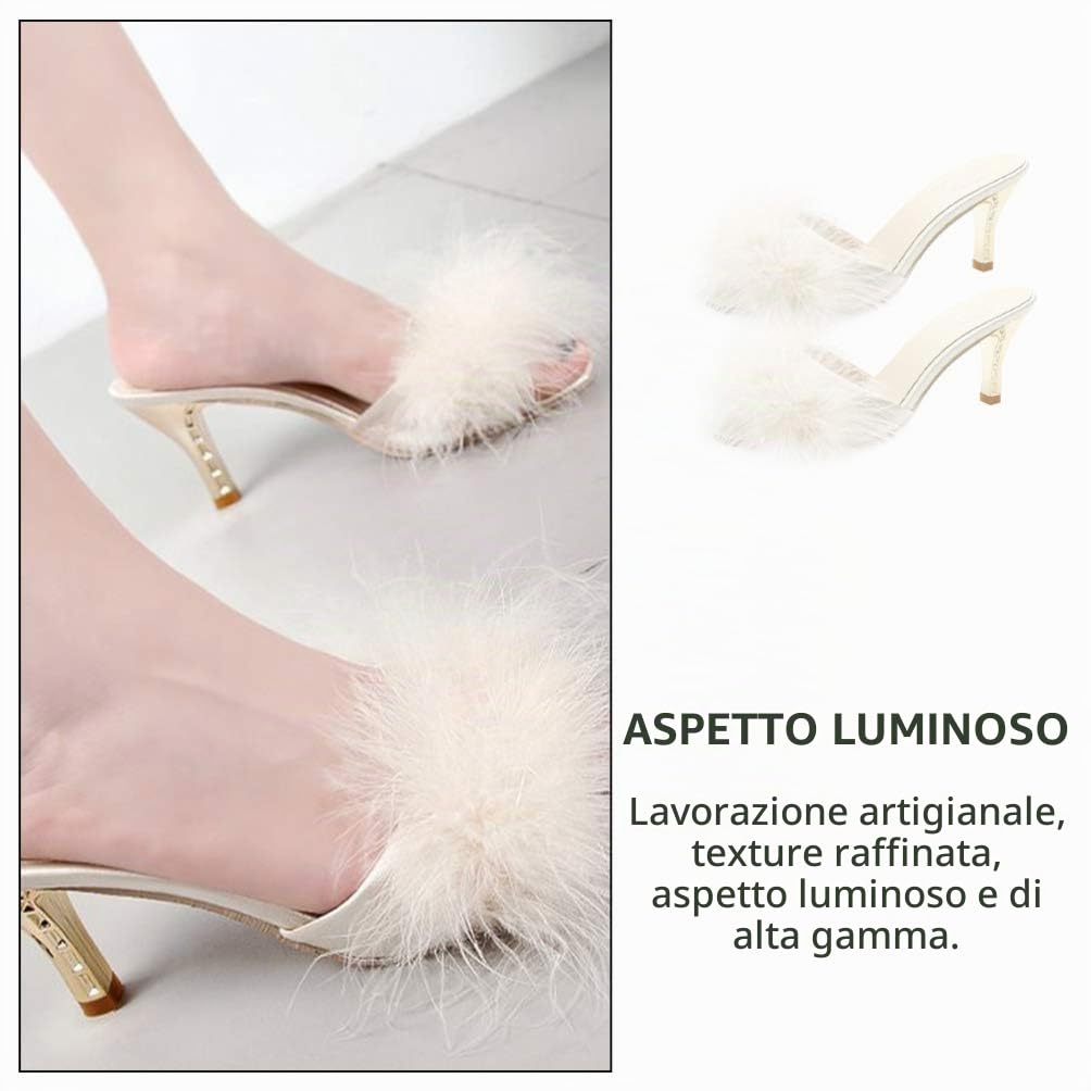 Holibanna Bianco Delle Donne Della Del Faux Gattino Tallone di Estate Sandali Ciabatte Slip on Open Toe Vestito Backless Sexy Basso Tacco Alto Slipper Slides Fuzzy Pantofole (numeric_39)
