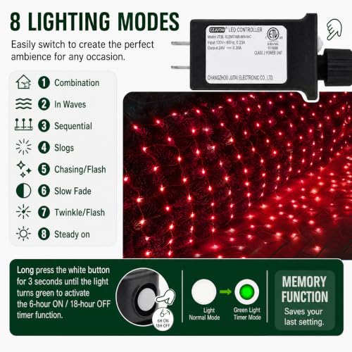 Image of Dazzle Bright Christmas Net Lights, 360 LED 12FT x 5 FT Transparent Wire Waterproof Connectable String Lights with 8 Modes Christmas Outdoor Lights for Bushes Garden Party Holiday Decoration (Red)