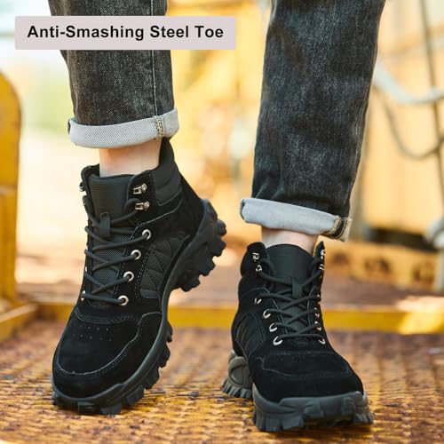 Steel Toe Boots for Men Women, Steel/Composite Toe, Leather & Canvas Upper, Lace-up, Durable Puncture Proof Slip on Indestructible High Top Work Boots4