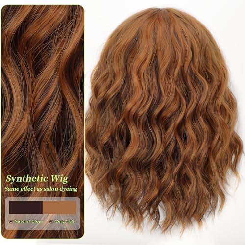 Image of AISI HAIR Synthetic Wavy Curly Bob Wig with Bangs Cooper Blonde Short Wavy Hair for Women Synthetic Heat Resistant Bob Wigs