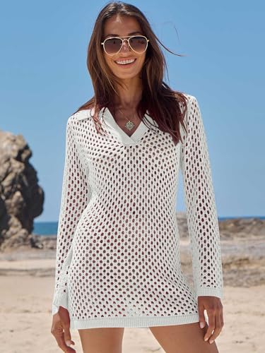 ANRABESS Women Swimsuit Crochet Swim Cover Up Summer Bathing Suit Swimwear Polo V Neck Mesh Knit Beach Dress Vacation Outfits4