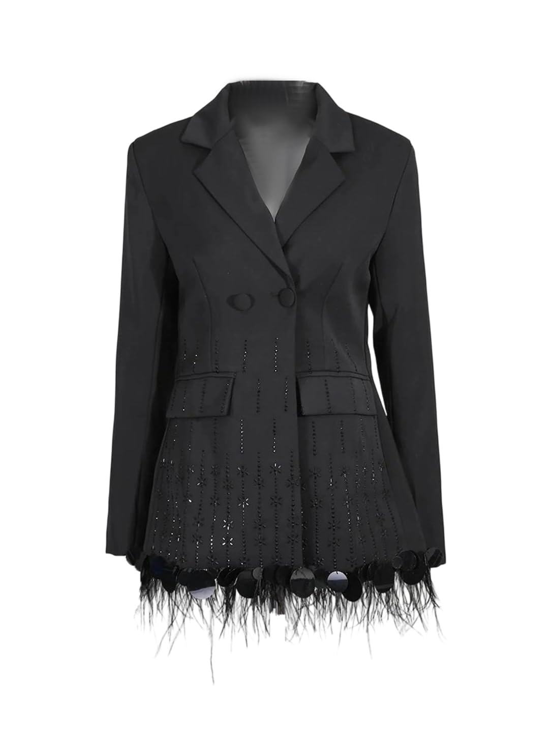 Women Rhinestone Feather Spliced Blazer Lapel Patchwork Coat for Gala Celebration Night Out