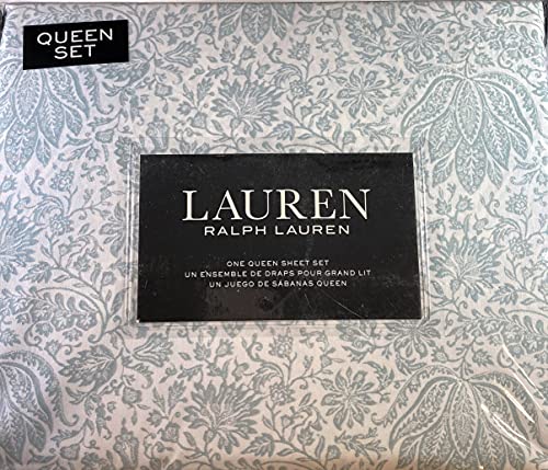 Lauren Ralph Lauren Queen Size Floral Sheet Set Cotton Light Blue and White