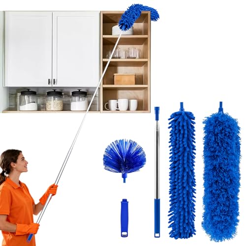 TAIANJI Feather Duster Extendable, Duster Cleaning Kit with Telescopic Pole Extended 97 Inch, Washable Bendable Dusters, Reusable Microfiber Dusters for Cleaning Cobwebs, Ceilings