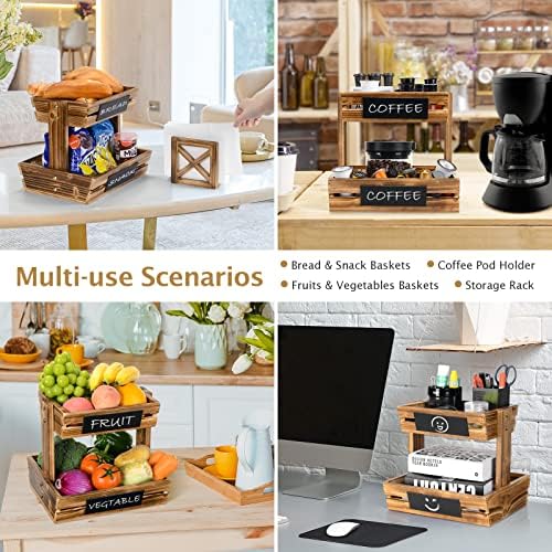 Wooden Fruit Basket, Decorative Bread Storage Stand Vegetables Rack Coffees Eggs Display Stand for Kitchen Countertop, Snacks Rack on Home Kitchen Office Extra Farmhouse Napkin Holder Chalkboards