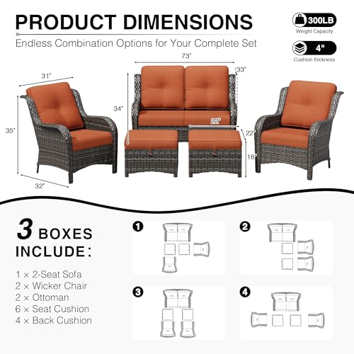 Image of Joyside 5 Piece Wicker Patio Furniture Set, Rattan Patio Chairs with High Back, Deep Seating, Wide Armrest, Thickened Cushions, Outdoor Furniture for Deck, Porch Use