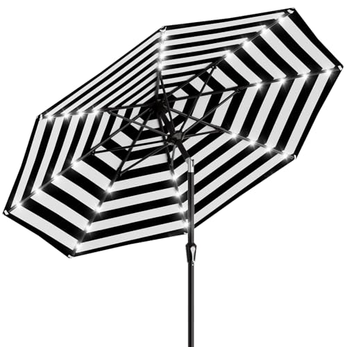 AreShark 9FT Patio Umbrella with Solar Lights 32 Lighted Solar Table Market Umbrella w/Tilt and Crank Outdoor Umbrella for Garden Deck Backyard Pool and Beach Black and White Stripe