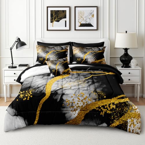 Herside 8 Pieces Bed in a Bag King Size Black and Gold Marble Comforter Set King Watercolor Splash Ink Marble Texture with Gold Decor Modern Bedding Set Luxury Bedroom Guest Room Decoration