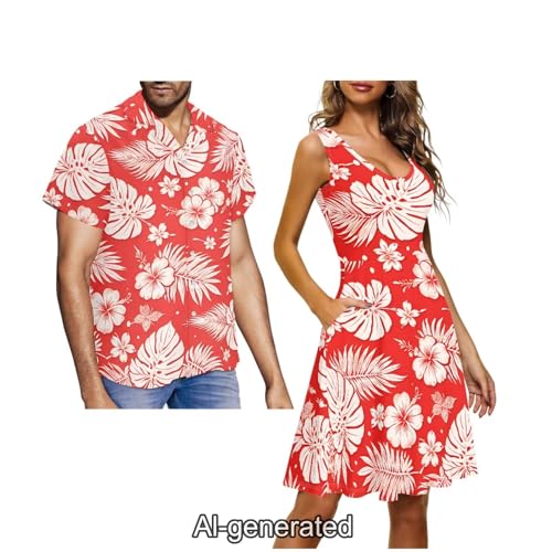 Image of Dreaweet Summer Dresses for Women A-Line Sleeveless Flowy Sun Dresses,Men's Casual Button-Down Shirts,Couple Matching Outfits