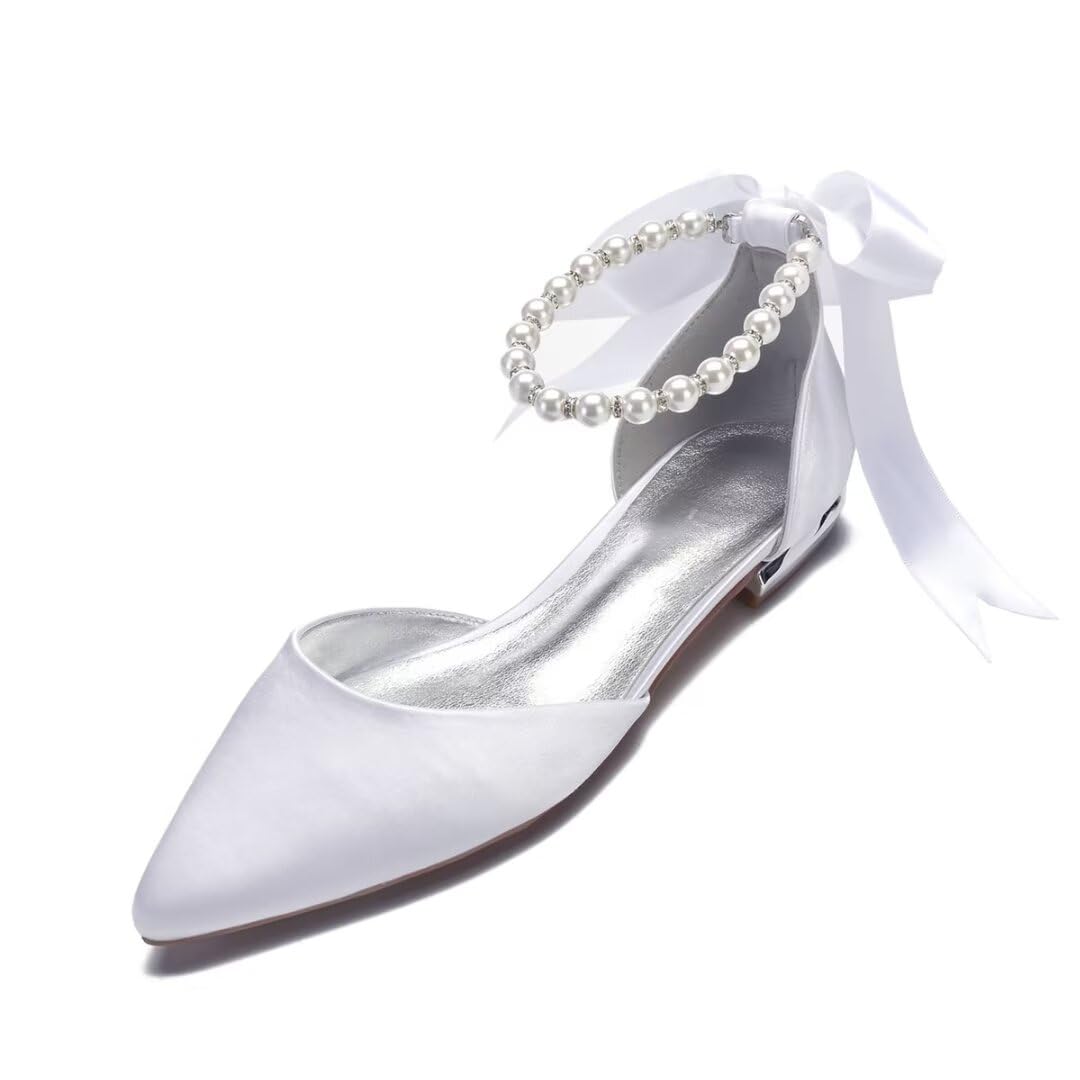 Women Satin Pearls Wedding Flats Shoes for Bride Pointed Toe Prom Evening Bridal Party Dress Flats-image-45
