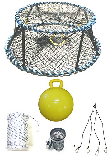 KUFA Sports Vinyl Coated Heavy Duty Tower Style Prawn Trap with 400' Rope, Yellow Float, Vented Bait Jar & Harness Combo (CT130+PAM56+HA5)