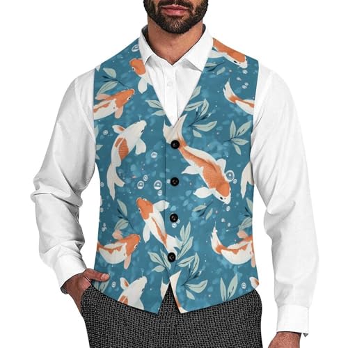 Japanese Fish Men's Suit Vests Business Formal Dress Vest V-Neck Waistcoat for Wedding Casual